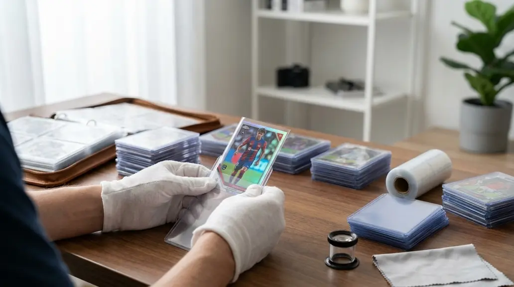 Coleccionista con guantes blancos metiendo una carta de fútbol en una funda protectora, con montones de cartas enfundadas y una lupa