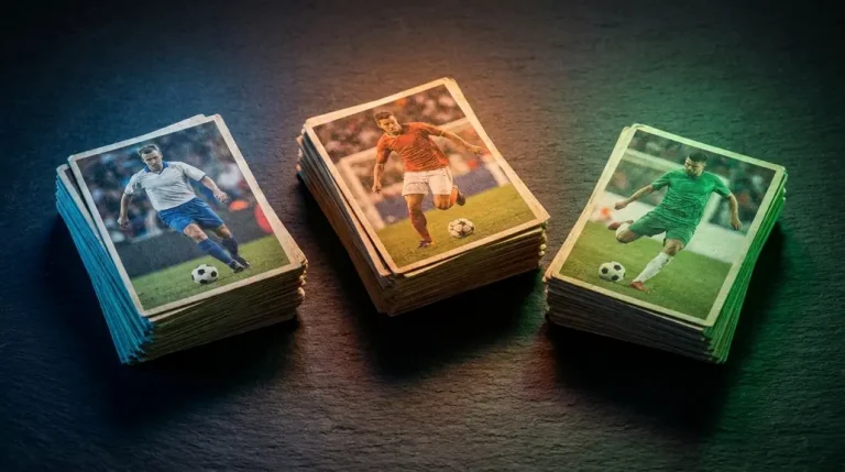 Tres montones de cromos de fútbol sobre una superficie oscura iluminados con luces azul, ámbar y verde