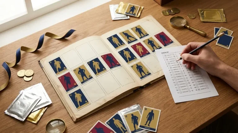 Álbum de cromos de fútbol abierto sobre una mesa de madera con sobres sellados, una checklist marcada a lápiz y una lupa