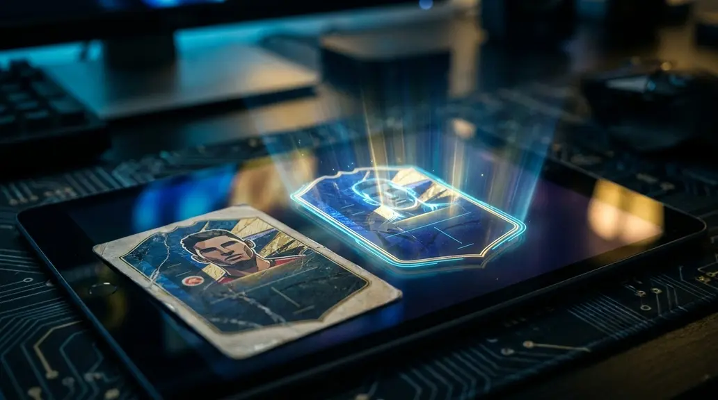 Cromo de fútbol antiguo sobre una tableta del que emerge una versión digital holográfica iluminada en azul
