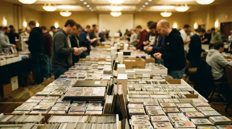 Sala de una feria de coleccionistas con mesas llenas de cajas de cartas y asistentes revisando cromos