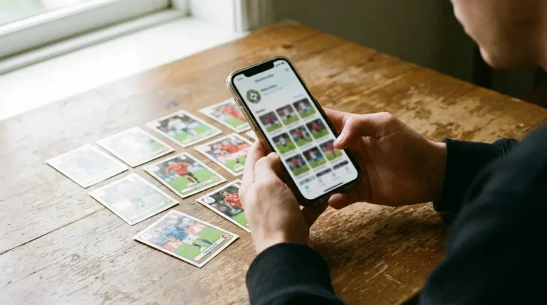 Persona consultando una app para catalogar cromos en el móvil con varios cromos extendidos sobre una mesa de madera