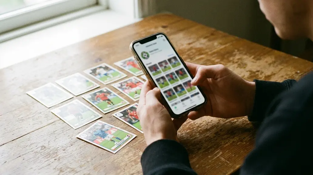 Persona consultando una app para catalogar cromos en el móvil con varios cromos extendidos sobre una mesa de madera