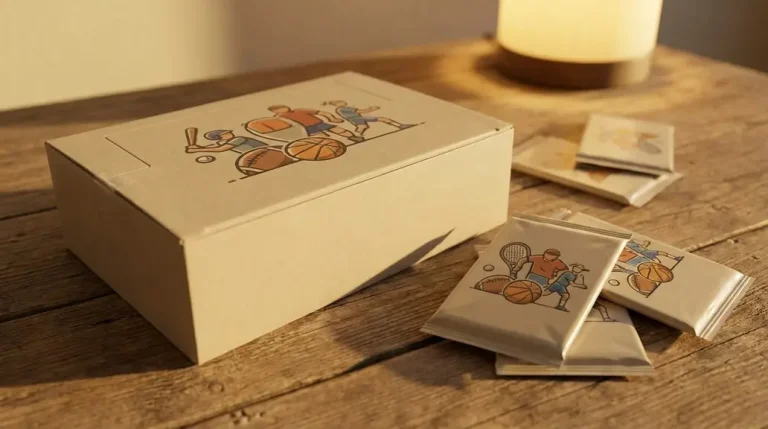 Caja de cartas coleccionables cerrada junto a varios sobres sellados sobre una mesa de madera con luz cálida