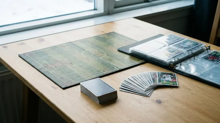 Tablero de juego de cartas de fútbol desplegado sobre una mesa junto a un mazo, un abanico de cartas y un archivador de fundas